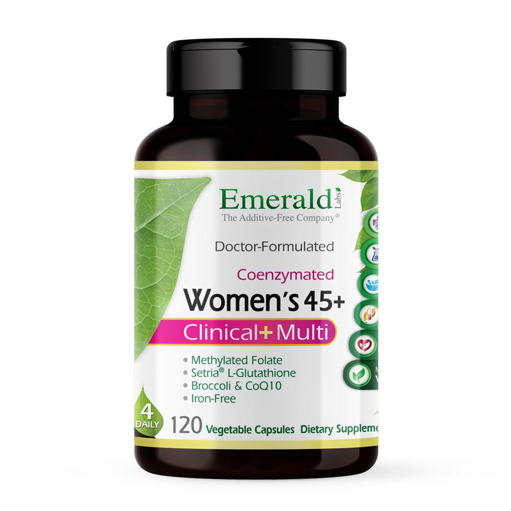 Emerald Labs Women's 45+ Multi bottle shows vitamins for bone and heart health support.