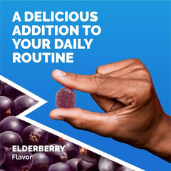 Close-up of Elderberry gummies emphasizing real fruit flavor.