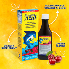 Emulsion Ballena Azul kids usage illustration emphasizes age-appropriate dosing.