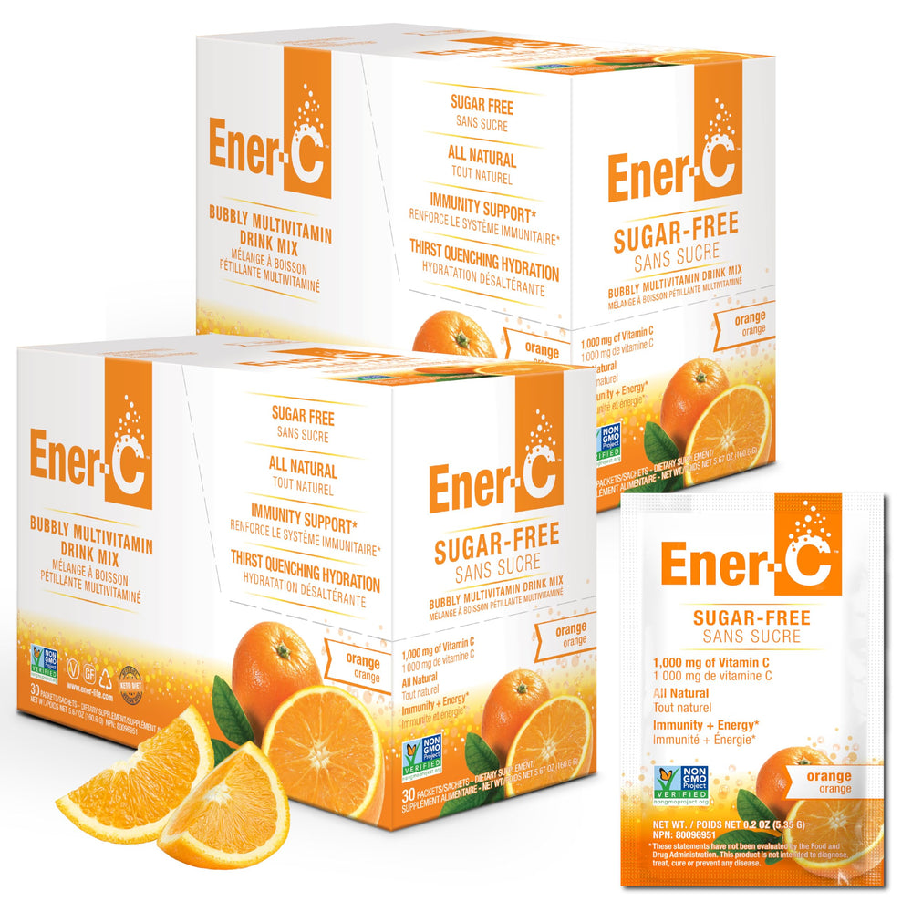 Ener-C Sugar Free Energy Orange tub front showing convenient daily vitamin drink mix