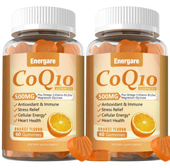 Energare CoQ10 gummies bottle close-up showcasing chewy texture and heart-supporting benefits.