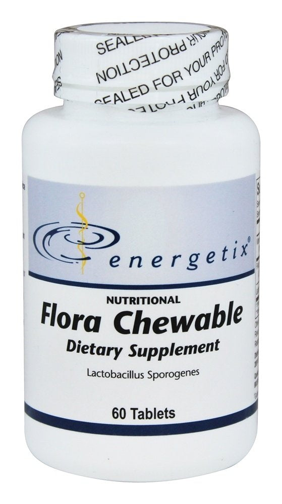 Energetix Flora chewable tablets in a bottle, convenient daily supplement for on-the-go routines.