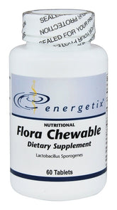 Energetix Flora chewable tablets in a bottle, convenient daily supplement for on-the-go routines.