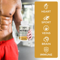 Three Energievoll Nitric Oxide capsules per serving illustrate a simple daily routine.