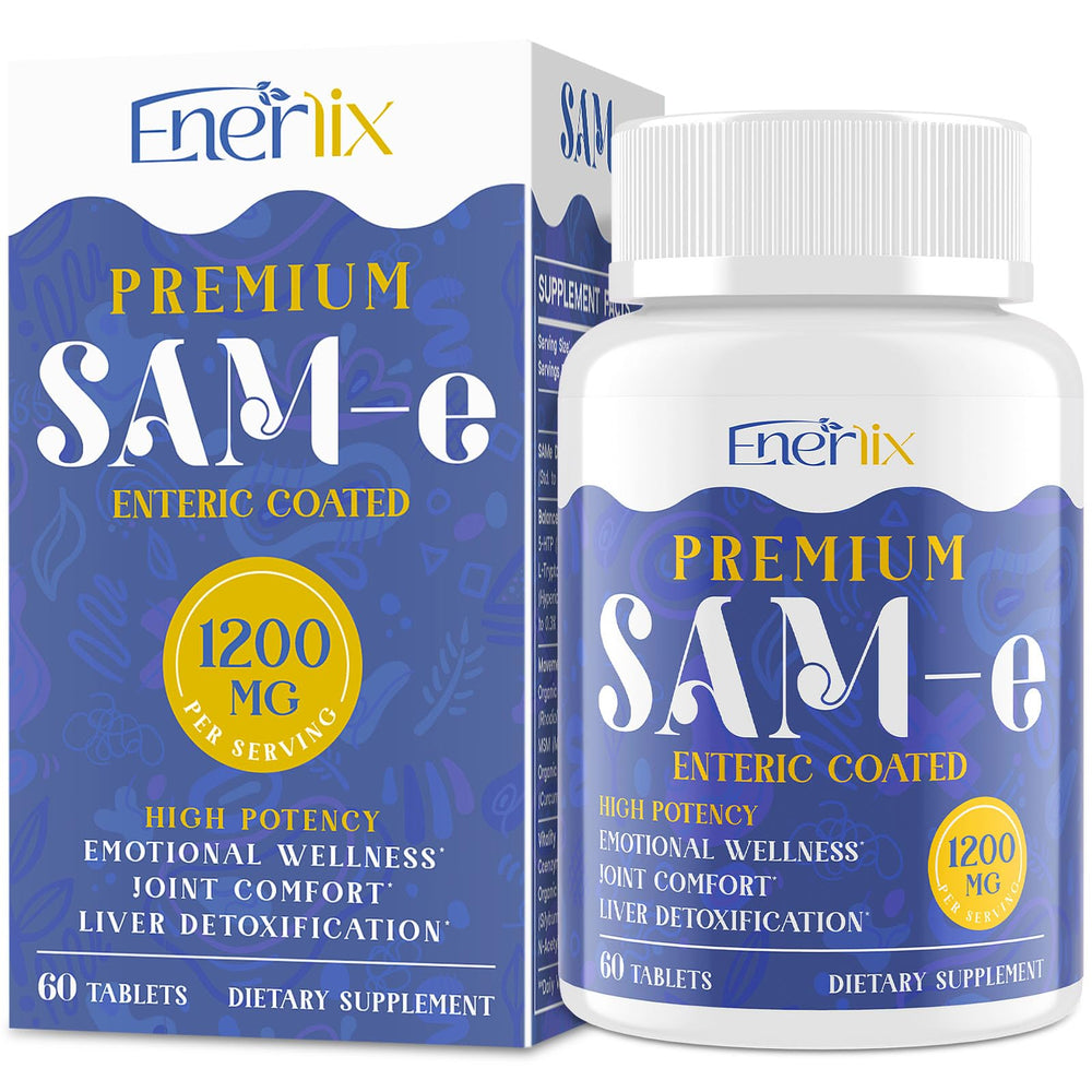 Enerlix SAM-e 1200mg bottle front supports mood and joint wellness.