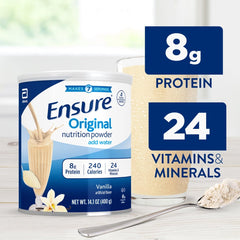 Scoop beside Ensure powder highlights 8g protein per serving.