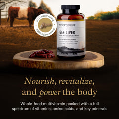 Enviromedica freeze-dried liver capsules close-up highlighting nutrient-dense formula for energy.