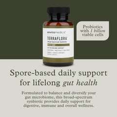 Terraflora Daily Care capsules close-up highlights spore-based probiotic protection.