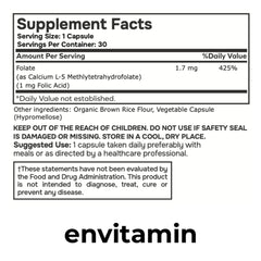Envitamin 5-MTHF capsules closeup illustrating high-absorption supplement for daily use.