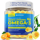 EnvyCure Vegan Omega-3 Gummies bottle highlights algae-derived EPA and DHA for heart and brain support.