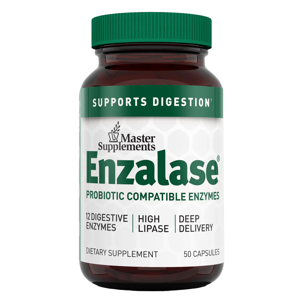 ENZALASE bottle showing 12 enzymes for daily digestion