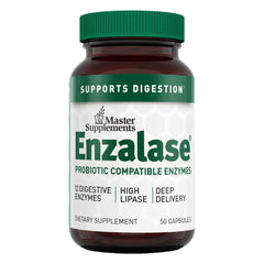 ENZALASE bottle showing 12 enzymes for daily digestion