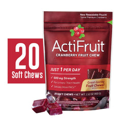 ActiFruit 20 bottle closeup highlights chewy texture and flavor.