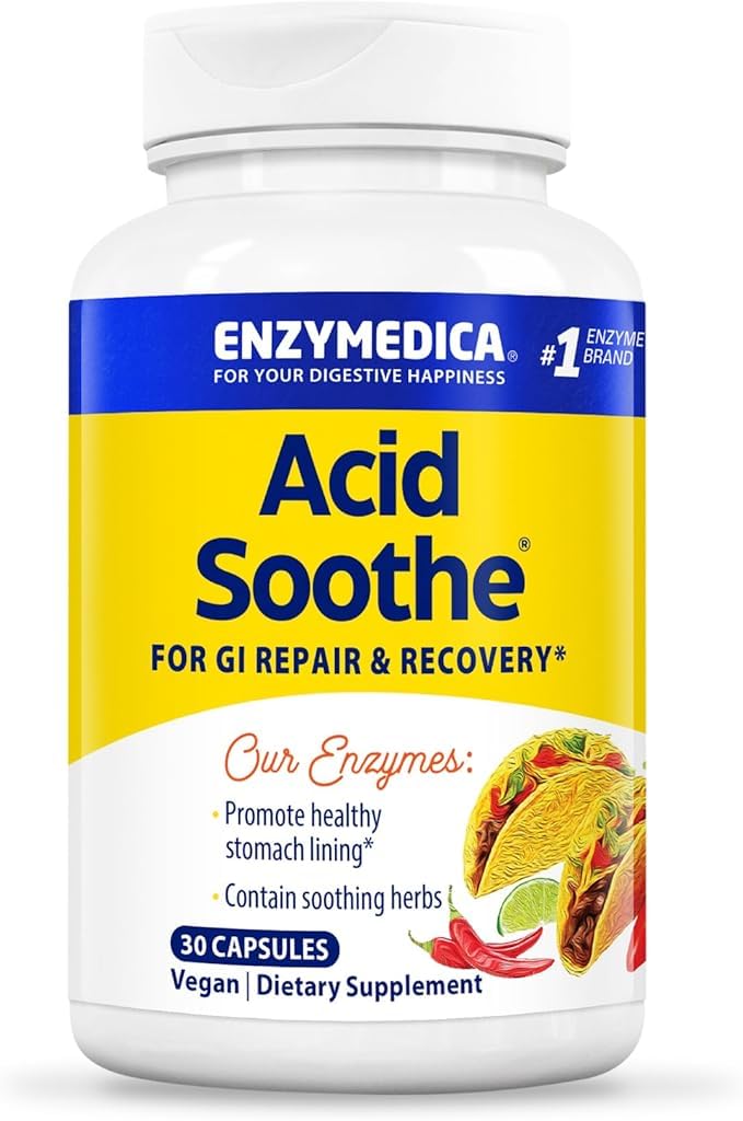 Enzymedica Acid Soothe package front showing 3-in-1 digestive support after meals