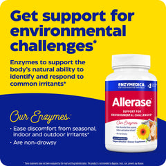 Enzymedica Allerase packaging label emphasizing seasonal mucus support.