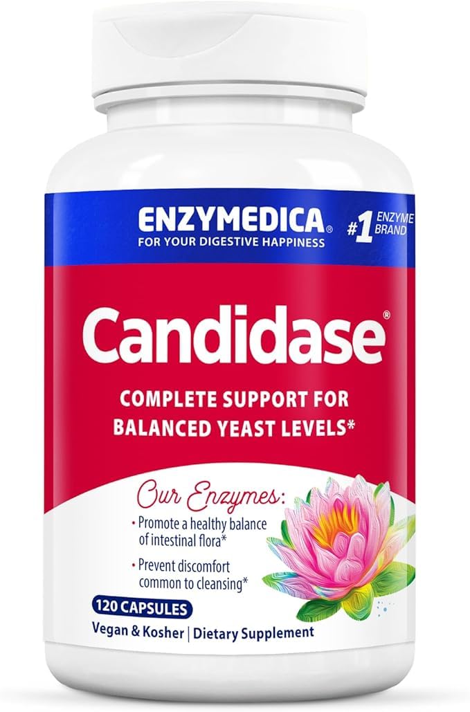 Enzymedica Candidase bottle front showing clear labeling and vegan formula for gut health.