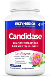 Enzymedica Candidase bottle front showing clear labeling and vegan formula for gut health.