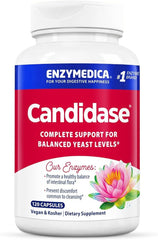 Enzymedica Candidase bottle front showing clear labeling and vegan formula for gut health.