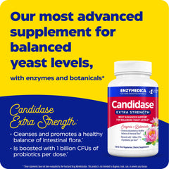 Enzymedica Candidase capsules close-up highlighting easy-to-swallow capsules for balanced yeast levels