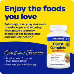 Enzymedica Digest Complete label highlights 2-in-1 formula and gluten-free ingredients.