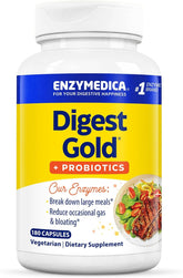 Enzymedica Digest Gold bottle pour shows 2-in-1 enzymes and probiotics for easier meals