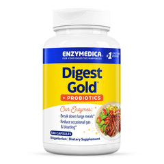 Enzymedica Digest Gold bottle on kitchen counter for easy daily digestive support.