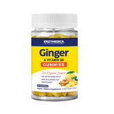 Enzymedica Ginger & Vitamin B6 Gummies bottle highlighting convenient, non-drowsy relief for occasional nausea