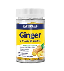 Enzymedica Ginger & Vitamin B6 Gummies closeup emphasizes soft, tasty chews with ginger support