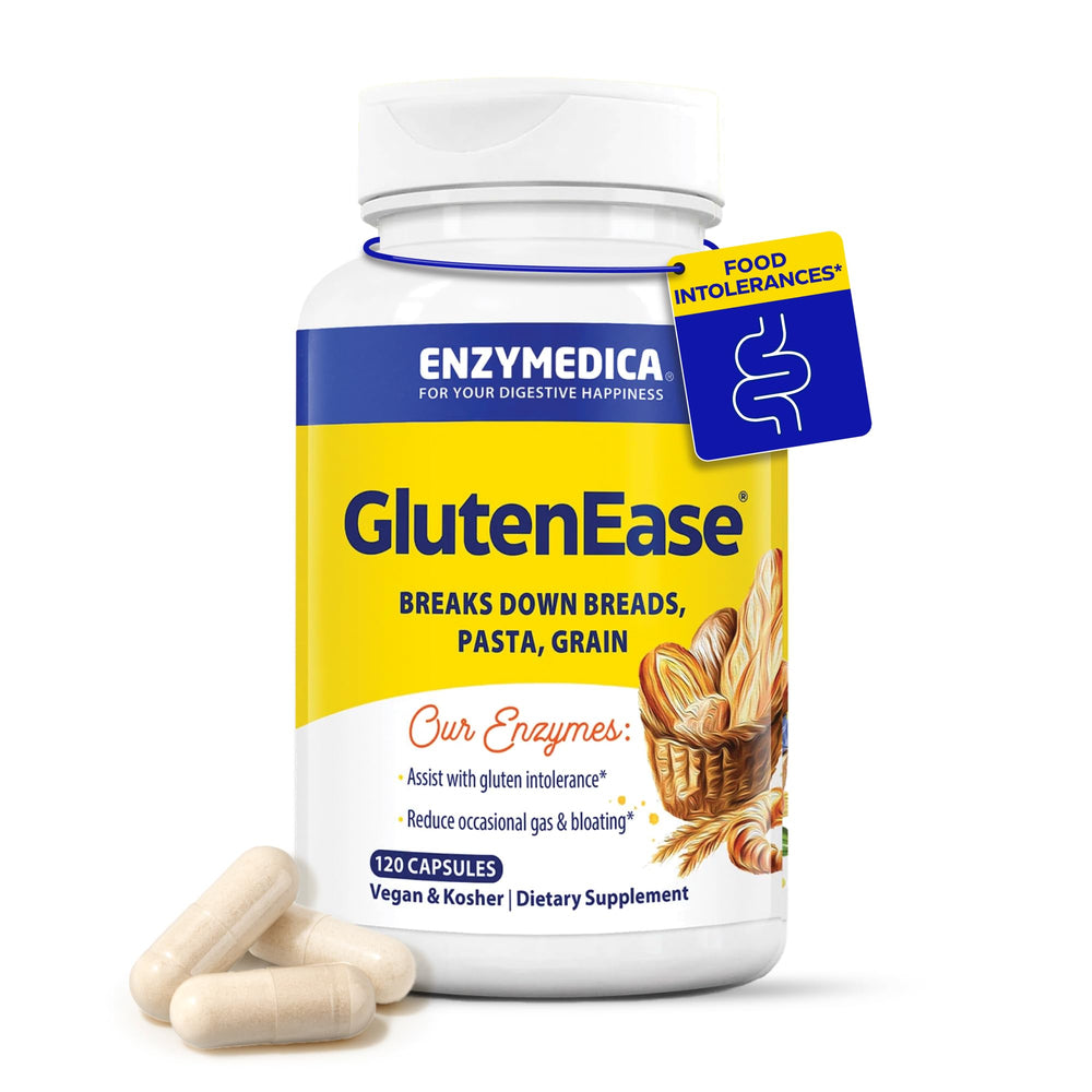 Enzymedica GlutenEase bottle demonstrates convenient gluten and casein digestion support.