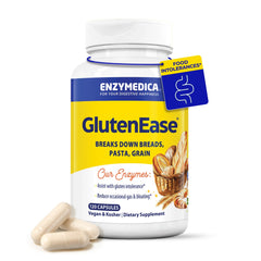 Enzymedica GlutenEase bottle demonstrates convenient gluten and casein digestion support.