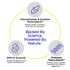 Enzymedica GlutenEase digestive enzymes graphic emphasizes DPP-IV and Thera-blend support.