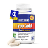 Enzymedica Lypo Gold bottle closeup showing high-potency lipase for fat digestion.