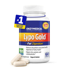 Enzymedica Lypo Gold bottle closeup showing high-potency lipase for fat digestion.