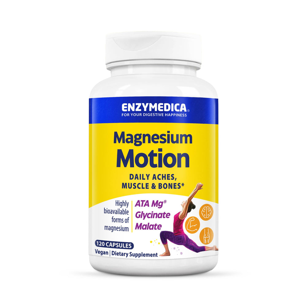 Enzymedica Magnesium Motion bottle front highlights three magnesium forms for daily support.