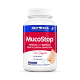 Enzymedica MucoStop bottle label highlighting natural enzyme blend for mucus support