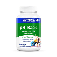 Enzymedica pH-Basic bottle front view, highlighting vegan digestive support and pH balance.