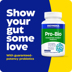 Close-up of Enzymedica Pro-Bio capsule highlighting stomach-acid resistance for digestive comfort