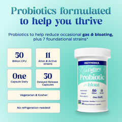 Enzymedica SubCulture Probiotics packaging emphasizes gluten-free, dairy-free, soy-free formula.