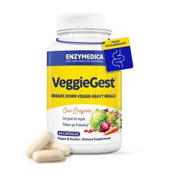 Enzymedica VeggieGest bottle front view supports plant-based digestion after fiber-rich meals.