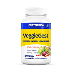 Enzymedica VeggieGest bottle-front view hints at plant-based digestion support for fiber-rich meals.