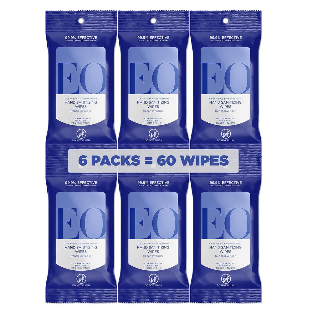 EO Hand Cleansing Wipes French Lavender pack shown, compact for travel and daily use.