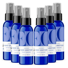 EO Organic Hand Sanitizer Spray French Lavender bottle on travel bag for quick germ defense