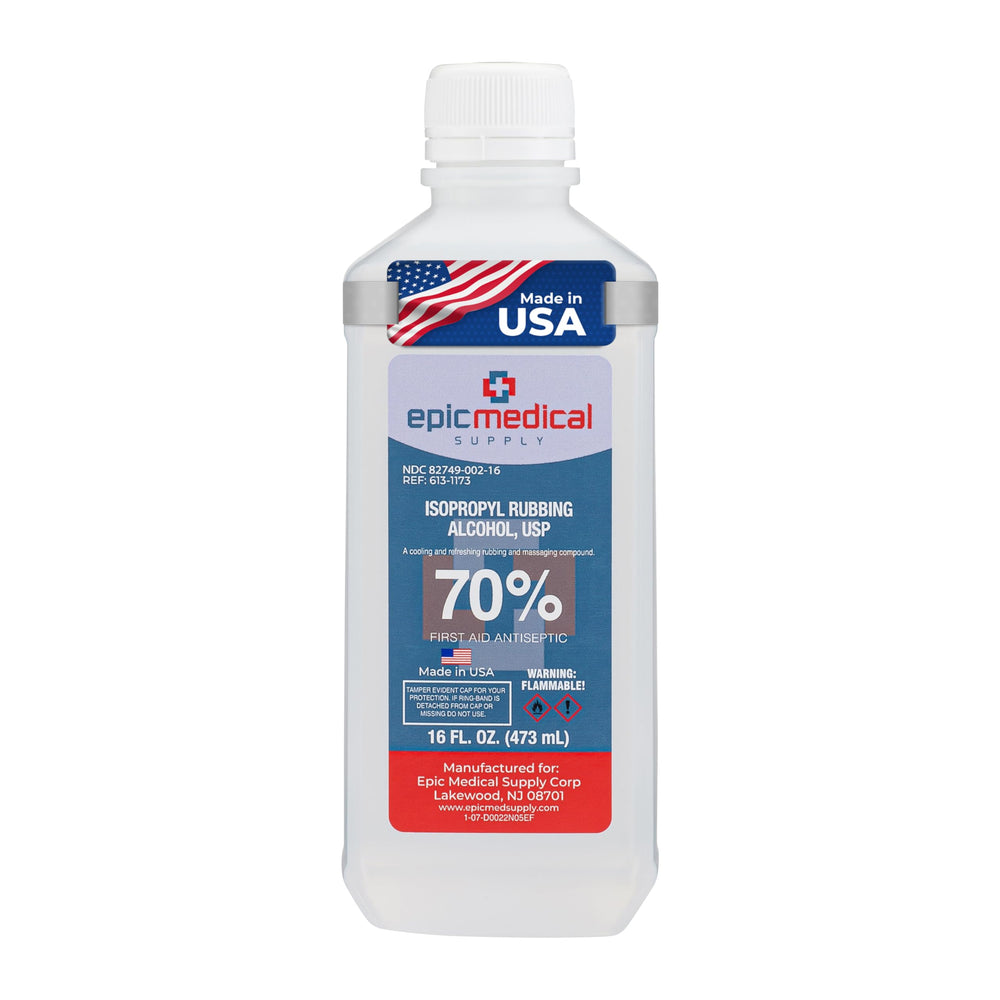 Epic Medical Supply 70% isopropyl alcohol bottle for quick antiseptic cleaning.