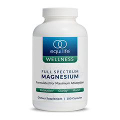 Equilife full-spectrum magnesium bottle closeup for daily wellness.