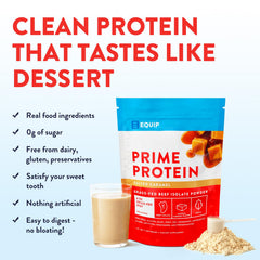Equip Foods Prime Protein pouring into glass demonstrates easy mixability without sugar