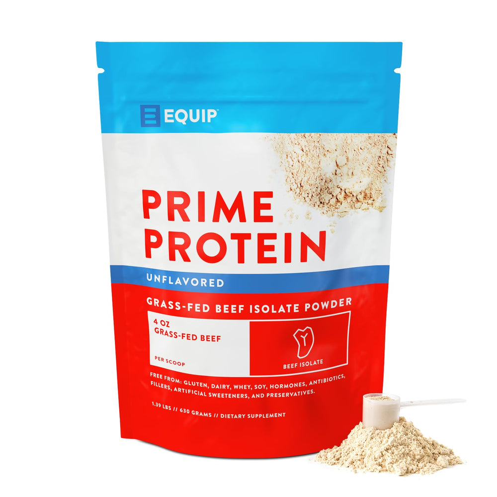 Equip Prime Protein Powder bottle on the counter highlighting grass-fed beef protein.