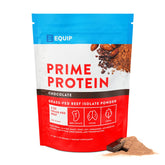 Equip Prime protein powder jar with grass-fed beef formula for keto and paleo nutrition.