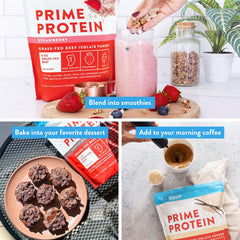 Equip Prime Protein Powder label close-up with gluten-free and dairy-free claims.
