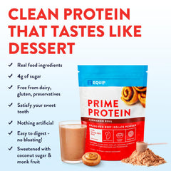 Pouring Cinnamon Roll Prime Protein Powder into a glass for a shake