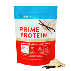 Equip Prime Protein Vanilla Bottle shows a clean, sugar-free beef protein option for keto and paleo meals